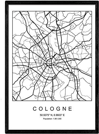Mappa della mappa della città Colonia stile nordico in bianco e nero. Manifesto A3 Dimensione incorniciata con cornice nera carta stampata 250 gr. Immagini, fogli e poster per salone e camera da letto
