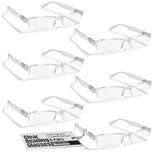 Boost Eyewear 6 Pack Reading Glasses, Clear Half Rim Frames, for Men and Women, with Comfort Spring Loaded Hinges, Clear, 6 Pairs (+2.00)