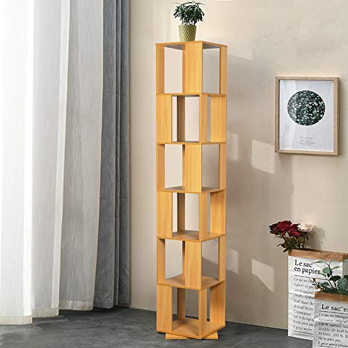 Redd Royal 6-Tier Bookcase 360° Rotating Bookshelf, Walnut Floor Standing Storage Rack for Living Room Bedroom, Open Design Swivel Corner Shelf Home Office Decor