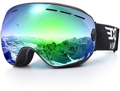 EXP VISION Snowboard Ski Goggles Men Women Youth, Anti Fog OTG Winter Snow Goggles Spherical Detachable Lens (Green)