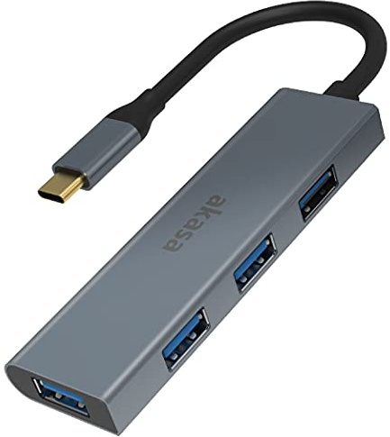 Akasa Type-C 4 Port USB 3.0 Hub Silver | Aluminium Finish Docking Station | 4-in-1 USB Multi-port Adapter | Space Grey | 5Gbps Data Transfer | Compatible with MacBook, Dell, Lenovo | AK-CBCA25-18BK