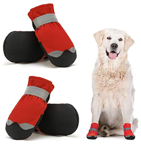 Dociote Scarpe Per Cani Impermeabili Set di 4, Stivali Protettivi per cani con Riflettente Antiscivolo, Scarpe Resistenti per Cani di Taglia Media Rosso 7#