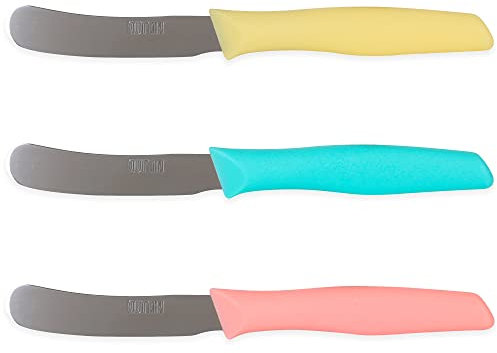 QUTTIN Set di coltelli da cucina, 3 pezzi in acciaio inox, coltelli da cucina multicolori per burro e paté, impugnatura ergonomica in polipropilene, gamma Samba. Giallo, blu e rosa