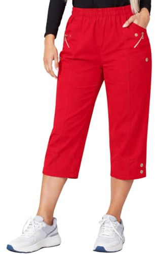 JM CLOTHING SS12 körsbär dam beskurna capribyxor dam trekvarts mjuka 3/4 stretchiga dra på byxor elastisk midja fickor sommarshorts plus size byxor, Röd, 40 SE