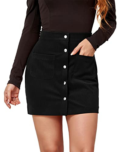 FEOYA Gonna Corta Aderente Donna Mini Gonna in Velluto Invernale Gonne con Bottoni a Vita Alta con Tasche Spacco Autunno Vestiti a Matita Dritta Elastica Line Minigonna Tubino Primavera Nero XL