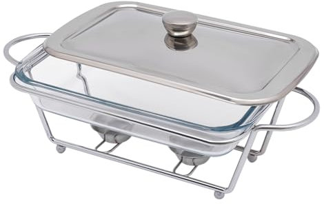 LUNICASHA Chafing Dish, Speisewärmer Warmhaltebehälter Grillgut, Speisewärmer mit Zwei Einem BrennpastenbehäLter&Deckel, 2L, Quadrat Klarem Gehärtetem Glasbehälter, Mikrowellen und öfen