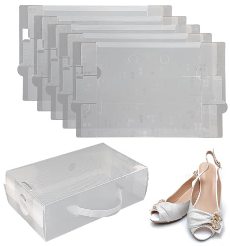 DBOO Clear Plastic Shoe Storage Boxes (5 Pack) - Suitable for Women's and Children's Shoes Foldable, Corrugated and Stackable for Storage and Travel