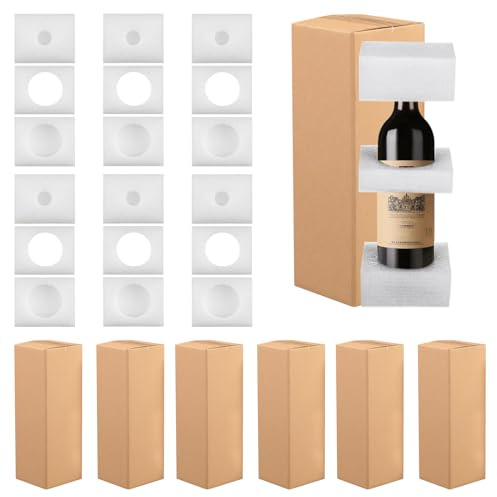 6 PCS Wine Shipping Box with Pearl Cotton Protection Single Bottle Wine Shipper Protective Wine Box Corrugated Paper Shipping Box All-in-One Protective Shipping Packaging for Wine Transportation