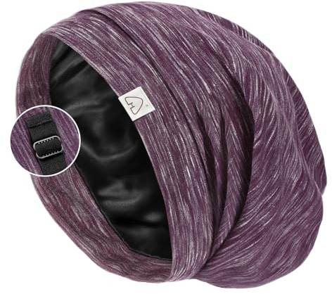 Hat Hut Bonnet de Nuit pour Dormir, Bonnet de Sommeil Doublés en Soie Satin Réglable pour Cheveux Bouclés, Extra Larges, pour Femme et Homme (FR/ES, Alpha/Lettres, L, Violet)