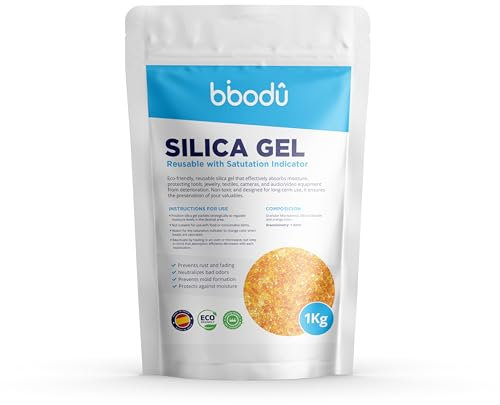 BIBODU Gel de Silice Orange 1KG + 10 Sachets | Silica Gel Réutilisable avec Indicateur de Saturation | Parfait pour Armoires, Tiroirs et Appareils Électroniques