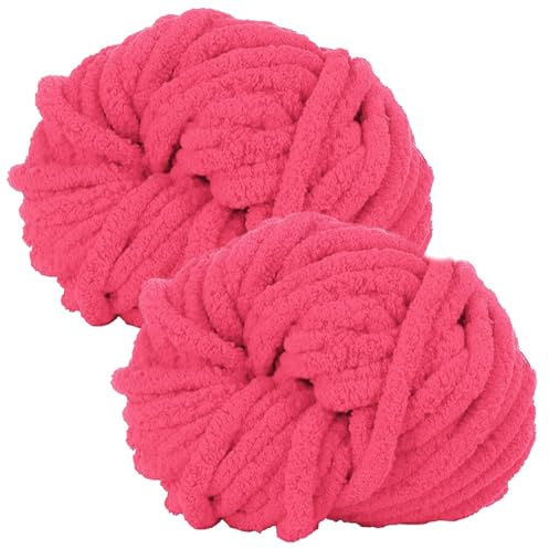 bechoanigel 2 Ovillos Lana Gruesa para Tejer a Mano, 500g Chenille Chunky Yarn, Ovillo Lana Gorda para Tejer a Mano Mantas, Bufandas y Gorros Suaves (Rosa Intenso)