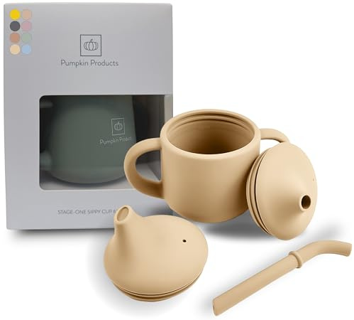Pumpkin Products® Premium Stage One Sippy Cup, Silikon. Baby och småbarn 3-fasbägare, sugrör och öppet lock kopp, två handtag 120 ml/4 oz (Doeskin)