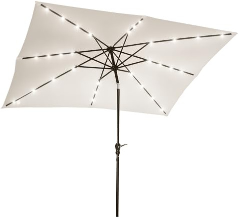 Outsunny Sombrilla Terraza Exterior 268x205x248 cm Sombrilla de Jardín con Techo Inclinable hasta 45° Luces LED Solares Poste de Acero y Manivela Parasol para Patio Terraza Blanco Crema