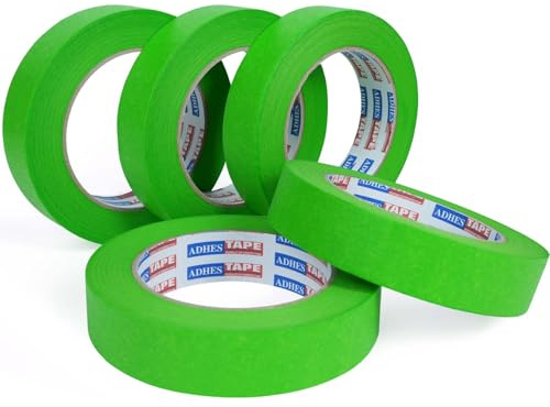 ADHES 5 Rollos Cinta de Carrocero para Pintar y Enmascarar 24MM X 50M Cinta Adhesiva Verde De Cinta De Carrocero, Resistente A Los Rayos UV, Para Pintar Y Decorar Tanto Interiores Como Exteriores