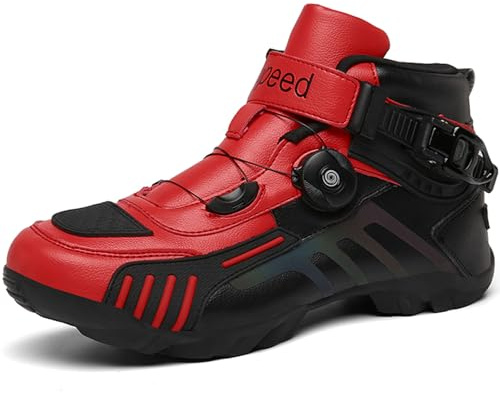 Hiuzylqx Chaussures Moto Hommes Bottes de Moto Cuir Motard Street Casual Antidérapantes et Respirantes Bottes Biker avec Coussinet de Changement Vitesse, Semelle antidérapante,Black Red,40 EU