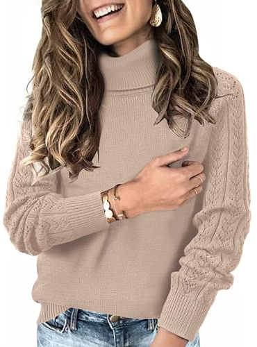Tanmolo Pull Col Roulé Femme Élégant à Manches Brodées Motifs Ajourés pour Automne Hiver Tendance Confortable Beige, M