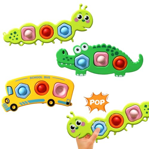 Fidget Popper Sensory Baby Toys, 3PCS Pop it Fidget Toys for Toddler, Animal Push and Popping Busy Board for Baby 10+ Months, Montessori Toys for for Airplane Travel Essential Activities