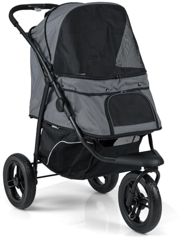 COSTWAY Dog Stroller, 3 Wheels Foldable Dogs Pushchair Cats Pram with Adjustable Canopy, Storage Basket, One-Foot Brake, Pet Travel Buggy, 110 x 57 x 105cm (Grey)