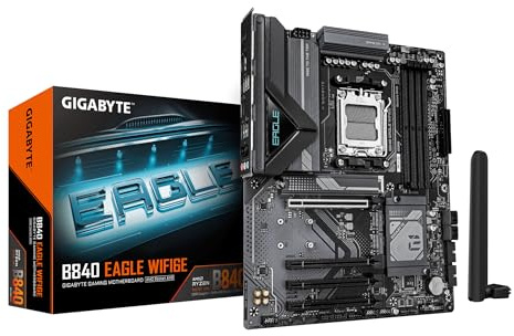 GIGABYTE B840 EAGLE WIFI6E moderkort - AMD Ryzen 9000 CPU:er, 8+2+2 faser VRM, upp till 8200MHz DDR5(O.C), 2xPCIe 4.0 + 1xPCIe 3.0 M.2, Wi-Fi 6E, 2.5GbE LAN, USB 3.2 Gen 2