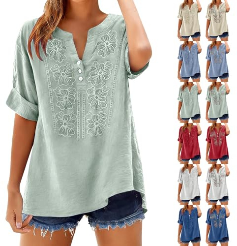 Camisa de lino para mujer, manga 3/4, informal, elegante, con bordado floral, estilo bohemio, con botones y cuello en V, cómodas blusas para mujer