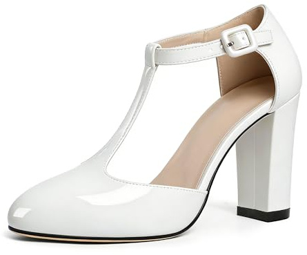 EDEFS Womens White Patent Mary Jane Heels with T Strap 3.5 Inch Block Heel Court Shoes Closed Toe Dress Heels for Party Wedding and Work UK2