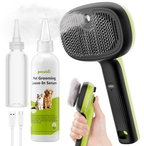 pecute Brosse Vapeur Chat Chien, Brosse Chat pour Poils Long | avec 120ml Huiles Essentielles, Brosse de Toilettage à Vapeur Rechargeable, Massage Toilettage Brush pour Chats Chiens(Vert)