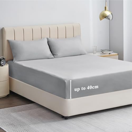 Aisbo Double Fitted Sheet Grey - Extra Deep Pocket Bed Sheet 16 inch 40 cm - Microfiber Bottom Sheet, 135x190cm