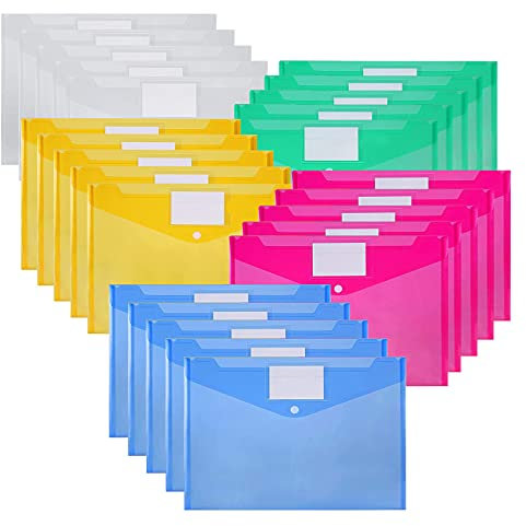 Nordun Pochettes Porte-document A4,Plastique Pochette avec Bouton Pression et étiqueter- Lot de 25 - Couleurs Assorties
