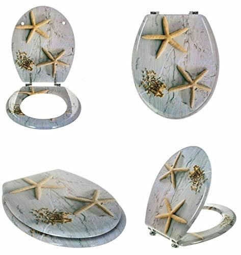 MDF Toilet Seat Novelty Design Stainless Steel Hinges All Printed Loo Seats All Printed ON 3 Sides (Star Fish Design)