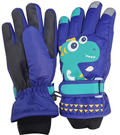 Jupsk Kinder Winter Skihandschuhe wasserdichte Anti Rutsch Plüsch gefütterte Warme Snowboard Handschuhe für Kinder Jungen 4-6 Jahre alt (Blauer Dinosaurier)