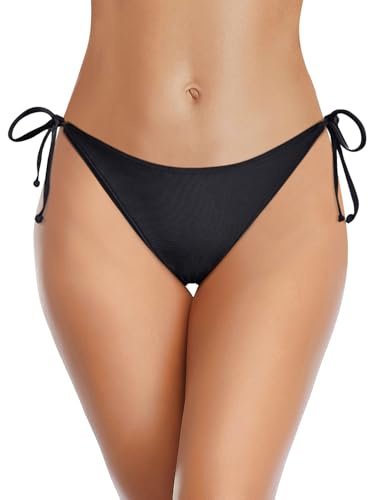 Holipick Black Bikini Bottoms for Women String Bathing Suit Bottom with Moderate Coverage Low Waist Swim Bottom S