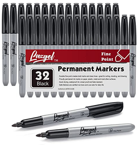 LAZGOL Permanent Markers Bulk, 32 Pack Black Permanent Marker Set, Fine Tip, Waterproof Markers, Premium Smear Proof Pens, Waterproof, Quick Drying, Office Supplies for School, Office, Home