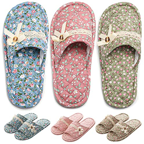 3 Pairs Floral Cotton House Slippers for Women, Open Toe Indoor Slippers Comfortable Washable Portable Foldable Guest Travel Hotel Airplane Spa Slippers (Light Floral, 9-10.5, Adult, Women, 9, Numeric Range, US Footwear Size System, 10.5, Medium)