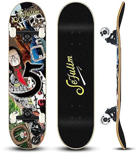 Sefulim 78,9 x 20,3 cm komplettes Skateboard, 7-lagig, kanadischer Ahorn, Doppel-Kick-Deck-Skateboard für Jungen, Mädchen, Teenager, Erwachsene, Anfänger