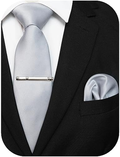 JEMYGINS Hommes Cravate en Tissu Mat avec Mouchoir de Poche et Pince à Cravate - Plusieurs Couleurs Disponibles,argent