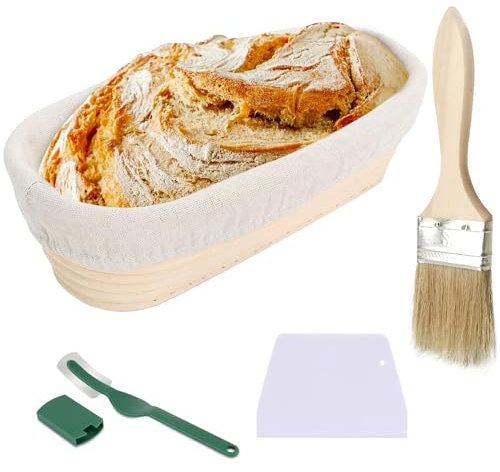 Gärkörbchen, 25x15x8 cm Gärkörbchen Oval, Brotgärkorb Set, Der Ideale Gärkorb aus Natürlichem Peddigrohr, für Professionelle Hausbäcker mit Leintüchern, Gebogenes Brotmesser, Bürste, Teigschaber Set