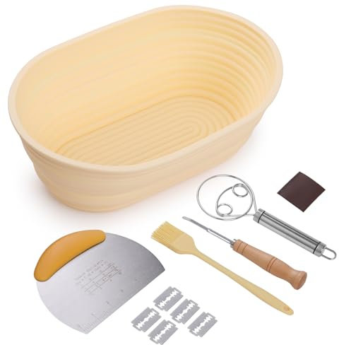 Anhow Cestino Lievitazione Pane, Cestino Ovale da Lievitazione per Pane Set da 5 pezzi 600g di impasto Ciotola Lievitazione Silicone con Tarocco,Danese Dough Whisk,Taglierino,Pennello per Olio, Beige