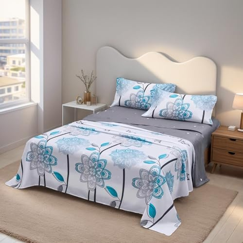 Etrexonline Juego de Sábanas 4 Piezas Cama 150 cm - Microfibra Ultra Suave Incluye 1 Bajera Ajustable 150x200+28 cm, 1 Encimera 230x270 cm, y 2 Fundas de Almohada 50x90 cm - Color Flor Mandala