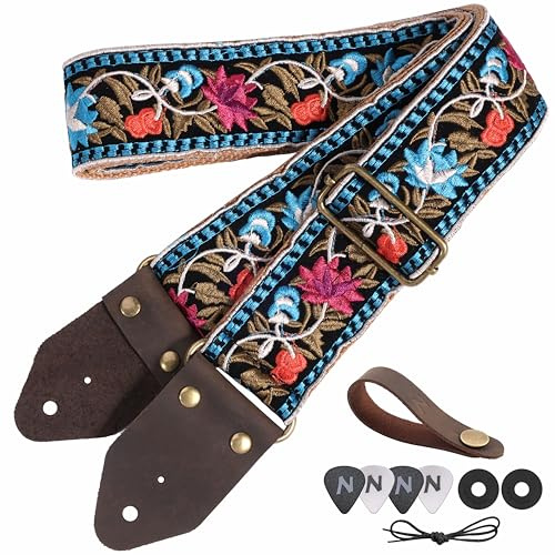 Nefelibata Gitarrrem, jacquardbroderi bomull gitarrremmar med Crazy Horse läderändar för bas, elektrisk och akustisk, bästa presenten till gitarrister (elegant blå blombroderi)