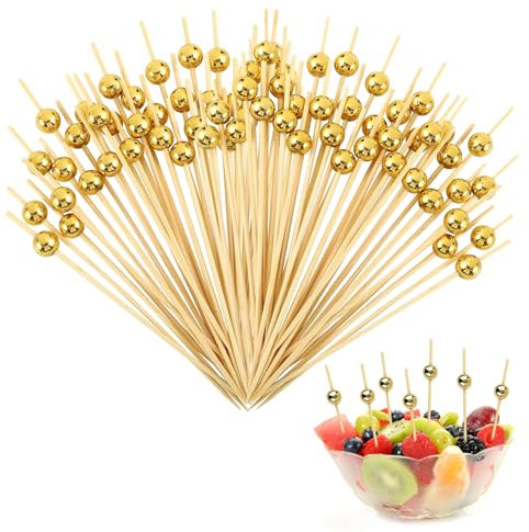 VINEST 200 Piezas Palillos para Aperitivos, Brochetas Chuches Comunion Desechables, Palillos Tarta Chuches con Cuentas Redondas, Palillos de Dientes de Bambú para Frutas Aperitivos Tentempiés(Dorado)