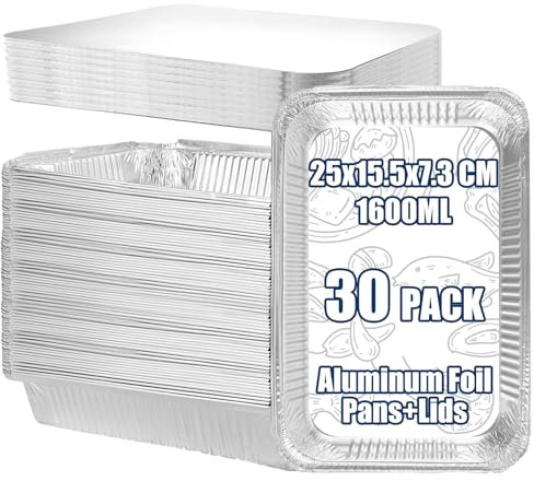 LOPYXBR 30PCS Aluminium Foil Trays with Lids 1600ML Tin Foil Containers with Lids Aluminium Takeaway Containers for Oven-Safe Baking, Cooking, Airfryer Use, BBQ (9.8x6x2.87inches)