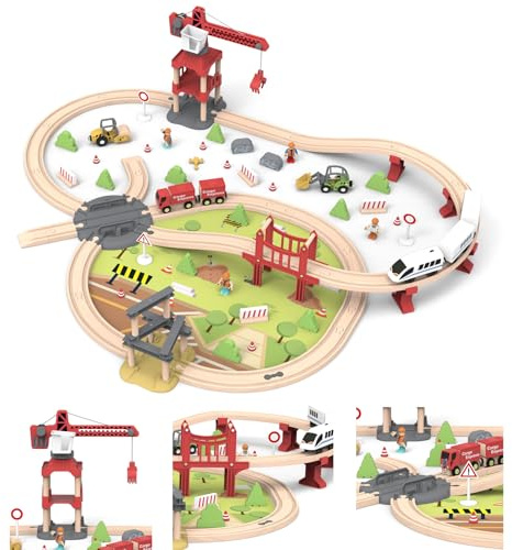 JugueteLand 104 Pcs Wooden Train Set for Toddlers, Magnetic Trains with Track for Kids Ages 3-6, Compatiable with Major Brands, Construction Railway Playset Gifts for Boys and Girls Ages 3+