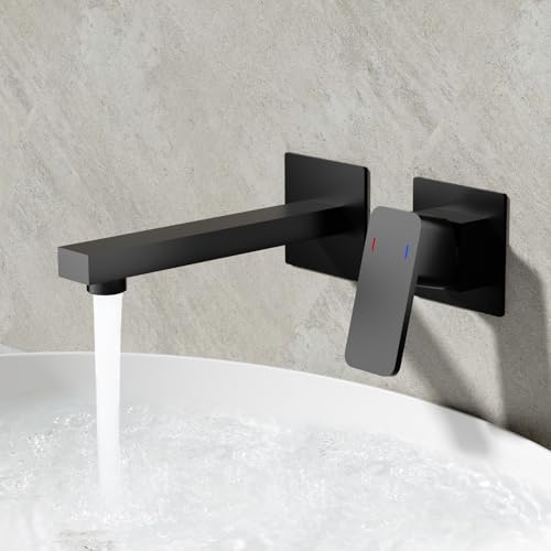 ROVOGO Black Wall Mounted Basin Mixer Tap with Concealed Stainless Steel Body 304 & Square Spout for Bath or Tub, 2-Hole Bathroom Basin Tap, Single Handle Bathroom Sink Faucet