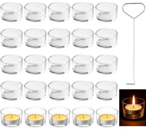 Ferenando 25 Pcs Clear Tea Light Candle Holders with Extinguishing Hook, Ø4.5 X H2.5cm Glass Tealight Holders, Glass Candle Holder for Weddings, Christmas, Parties, Birthdays & Table Decoration