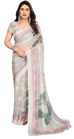 ETHNICMODE Indian Saree For Women Printed Georgette Light Weight Jari Party Wear Beige Sari With Unstitched Beige Blouse Piece-1192