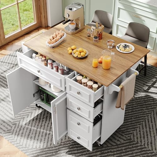 Huayz Armadio da cucina con piano di lavoro pieghevole, isola da cucina indipendente su 5 ruote e 3 cassetti, 2 ante, mobile credenza storage per cucina e sala da pranzo, 130 x 45 (75) x 92 cm