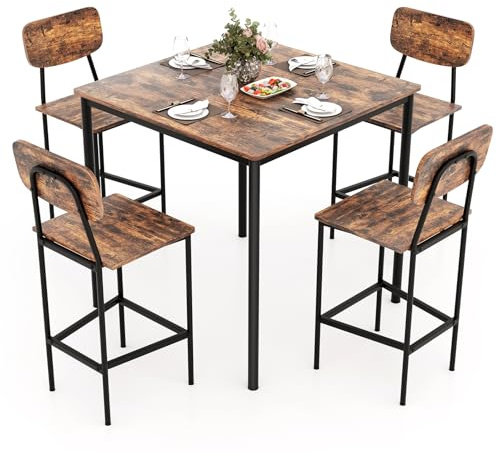 GIANTEX Juego de Mesa Alta de Comedor con 4 Sillas, Mesa de Cocina Cuadrada 90 x 90 cm, Taburetes de Bar con Respaldo, Patas de Metal, Juego de Muebles Compacto (Industrial)