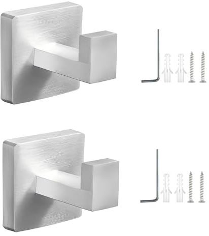 HASLED Pack de 2 Ganchos de Pared de Acero Inoxidable, Colgador de Toallas Cuadrado Plateado para Baño – Incluye Tornillos y Tacos