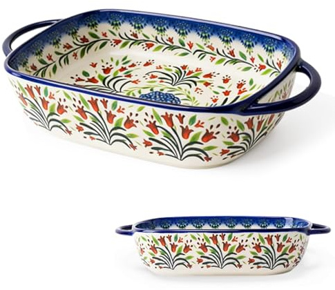 BOYIFEIJIE Fuente rectangular de cerámica, apta para horno, para lasaña, con 2 asas, diseño de flores vintage, molde para horno, microondas, lavavajillas, ideal para lasaña, cazuela, tiramisú (azul