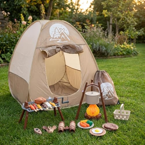 Set da campeggio per bambini, 34 pezzi Fingi giocattoli da campeggio con tenda, griglia rotante e falò per giochi fantasiosi, set per bambini 3-5, giocattoli di avventura per interni ed esterni per i